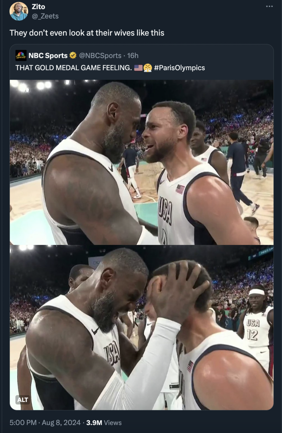 Basketball - Alt Zito Zeets They don't even look at their wives this Nbc Sports NBCSports 16h That Gold Medal Game Feeling. Paris Olympics 3.9M Views 12